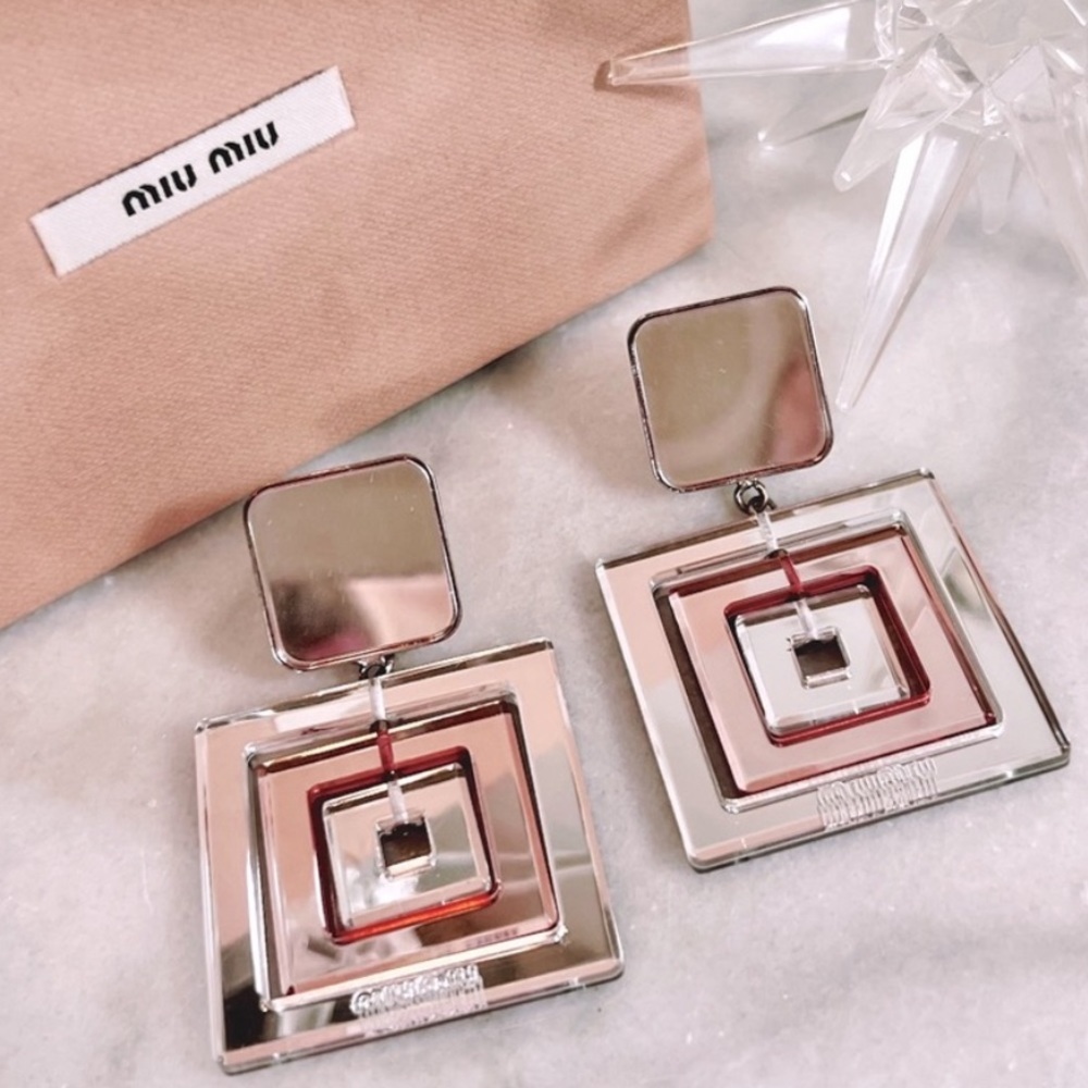 Miu Miu Rare Mirrored Geometric Square Dangled Clip-On Earrings​
